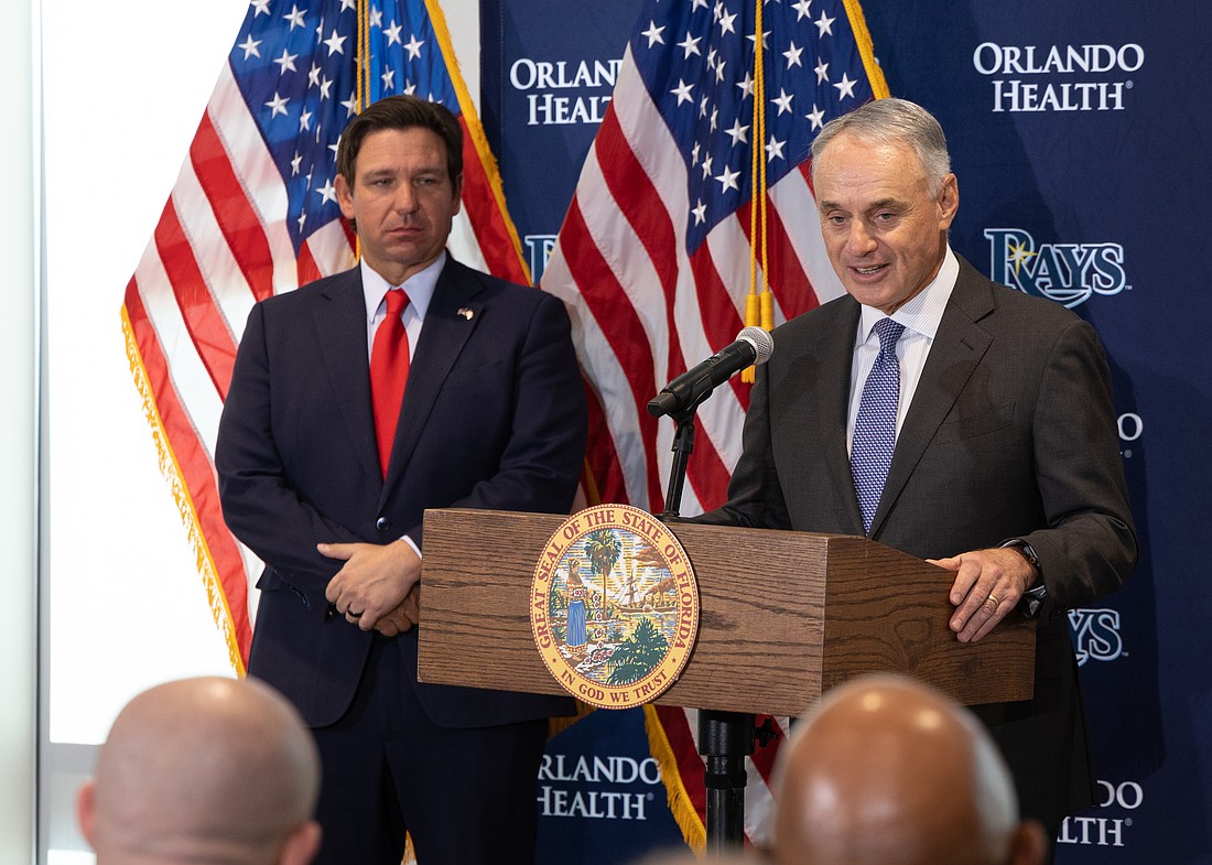 Florida Gov. Ron DeSantis and Major League Baseball Commissioner Rob Manfred talk about plans to build a new stadium for the Tampa Bay Rays on the site of Hillsborough College in Tampa