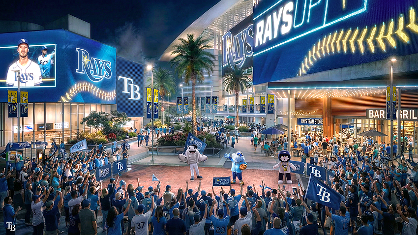 The imagined pregame festivities at the new Tampa Bay Rays ballpark on the site of Hillsborough College.