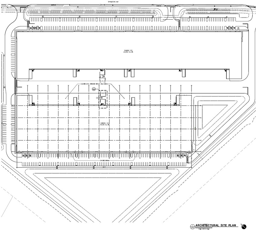 Site plans for “Baymeadows Way Industrial” show a pair of warehouses, Building 100 at 199,086 square feet and Building 200 at 204,850 square feet. The site is the former AT&T American Transtech campus.