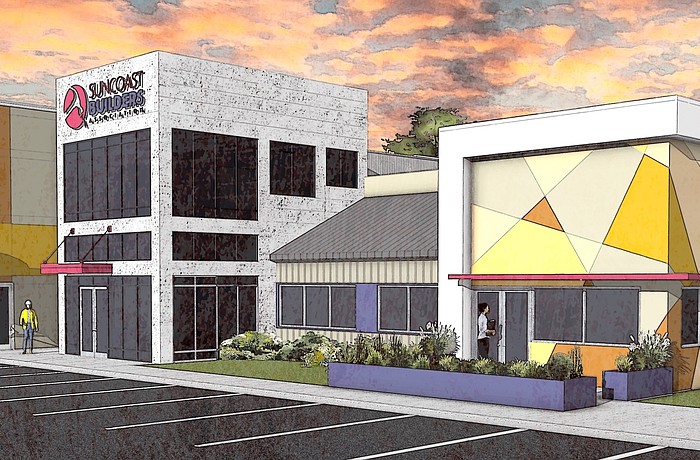 A rendering of a renovated and expanded former Perkins restaurant into Suncoast Apprenticeship Academy for the homebuilding industry.