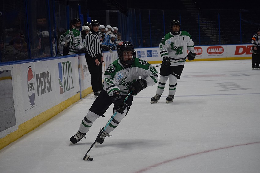 Chase Koski skates into the offensive zone for Lakewood Ranch. He was the team's leading scorer this season, and the only one to surpass 20 goals.