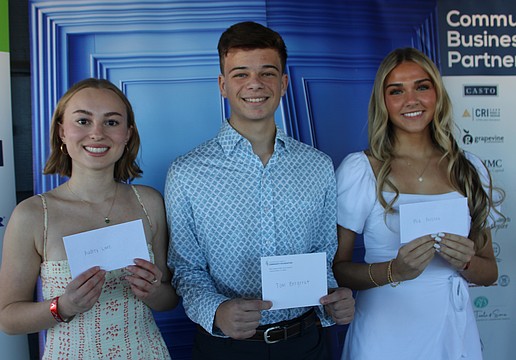 Tom Bergerat (center) was presented with a $3,500 scholarship at Polo with the Pros after being named the Junior Humanitarian of the year while Waterside's Audrey Luke (left), a junior at The Out-of-Door Academy, and Parrish's Mia Polseno (right), a senior at Parrish Community High, each received $750 scholarships.