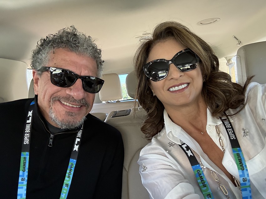 Giancarlo and Shirley Guerrero pose during the trip to Super Bowl LX in Santa Clara, Calif., where the Sarasota Orchestra Music Director joined Bad Bunny in the Halftime Show.