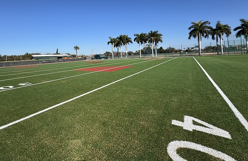 The outdoor turf agility field is a place where players can practice running and other drills.