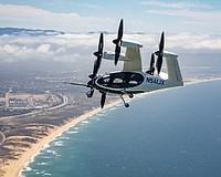 An eVTOL manufactured by Joby Aviation flies over Monterey Bay in California.