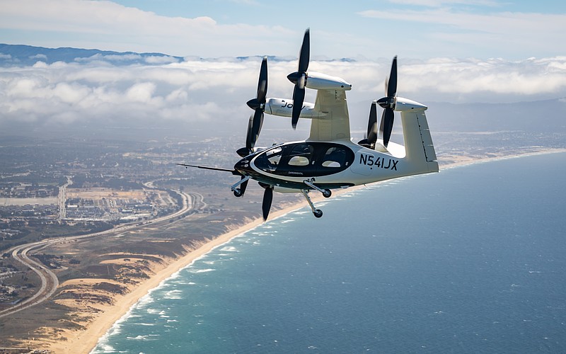 An eVTOL manufactured by Joby Aviation flies over Monterey Bay in California.