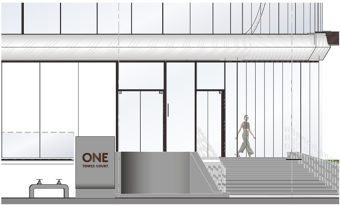 The sign for 1 Tower Court, which is off East Bay Street on the Downtown Northbank riverfront next to the Four Seasons Hotel and Residences. It is the future headquarters building of the Jacksonville Jaguars.