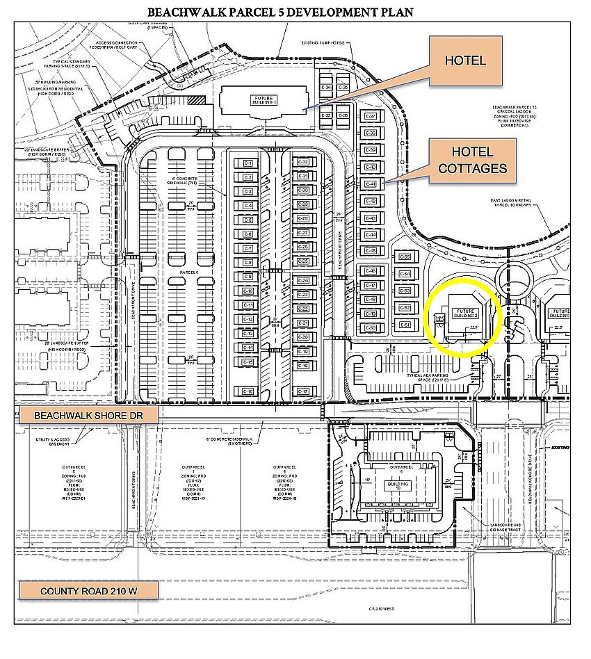 A one-story, 6,542-square-foot restaurant is planned for this site near the Compass Hotel by Margaritaville in Beachwalk.