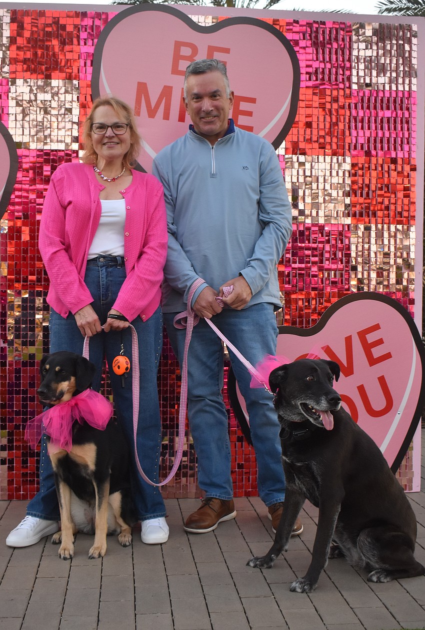 Palmetto's Gabriela and Angel Hernandez pose for a photo with their dogs Luna and Mia who are mixed breed rescues from Puerto Rico and Alabama.