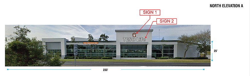 Plans show the signage for the Teso Life store at 9278 Arlington Expressway in the Regency Court Shopping Center.