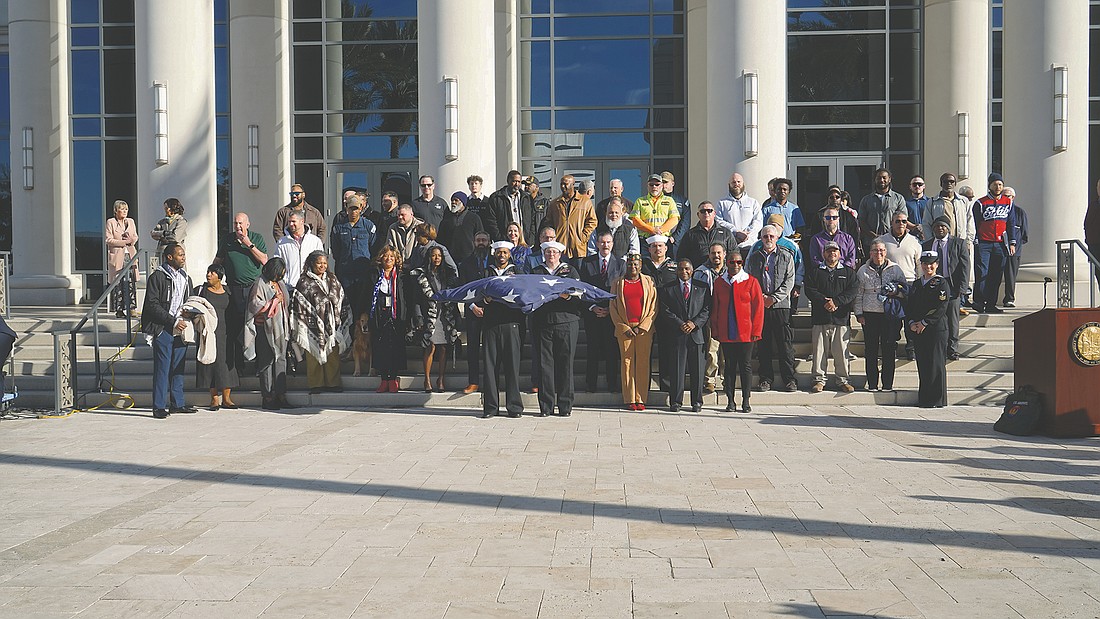 The flag displayed on the front facade of the Duval County Courthouse since soon after it opened in 2012 was ceremonially retired Feb. 4. It will be replaced with a new flag in time for Presidents Day on Feb. 16.