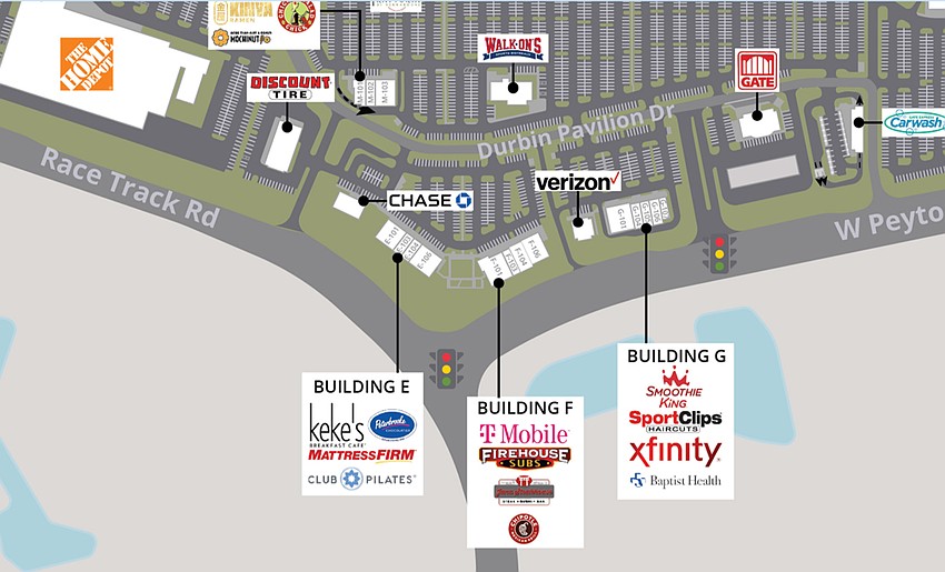 A map of The Pavilion at Durbin Park shopping center shows Chipotle Mexican Grill in Building F with T-Mobile, Firehouse Subs and Jana Steakhouse.