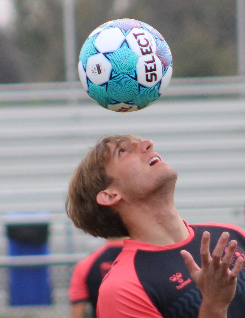 The Sarasota Paradise's Reid Valentine keeps his eye on the ball Feb. 13 in a preseason game against New York City FC II at Premier Sports Campus in Lakewood Ranch.