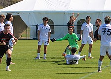 Declan Waters (left) of the Sarasota Paradise celebrates a goal against New York City FC II on Feb. 13 at Premier Sports Campus in Lakewood Ranch.