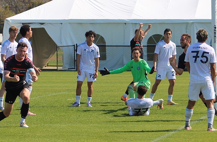 Declan Waters (left) of the Sarasota Paradise celebrates a goal against New York City FC II on Feb. 13 at Premier Sports Campus in Lakewood Ranch.