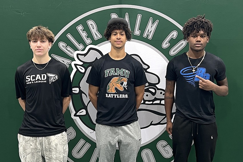 FPC lacrosse goalie Aiden Commendatore signed with Savannah College of Art and Design, baseball pitcher Reggie Bass signed with Florida A&M University and football quarterback La'Darius Simmons signed with Brevard College of Brevard, North Carolina. Courtesy photo