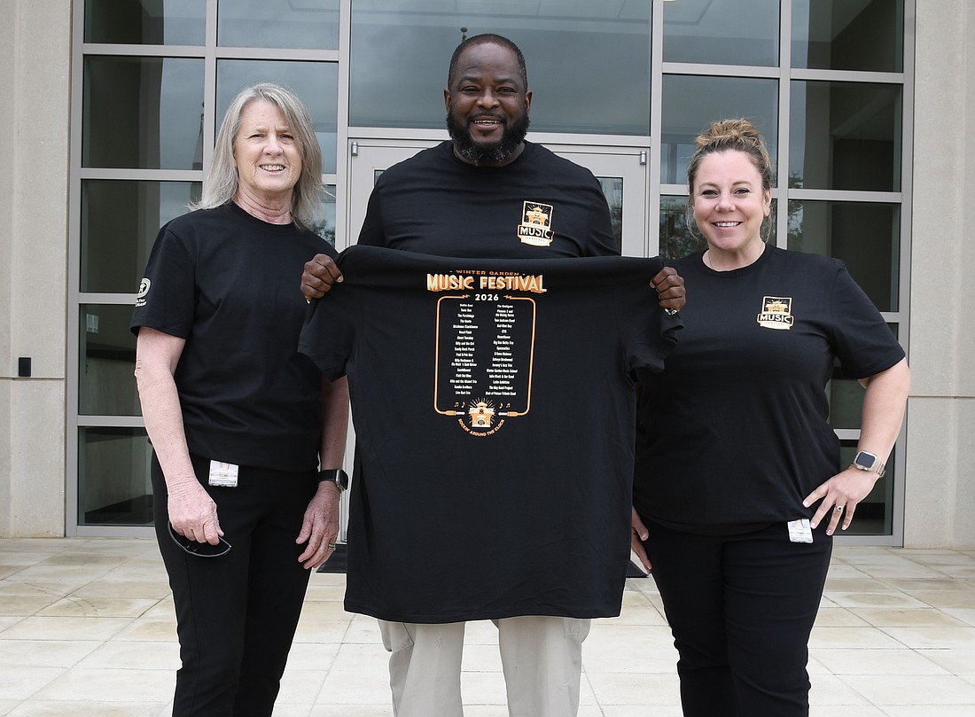 Winter Garden Parks and Recreation Director Laura Coar, Parks Manager Ricky Reynolds and Recreation Manager Jackie Mathis are among a team of 40 people across various city departments that work together to produce Music Fest, including putting up public notice signs.