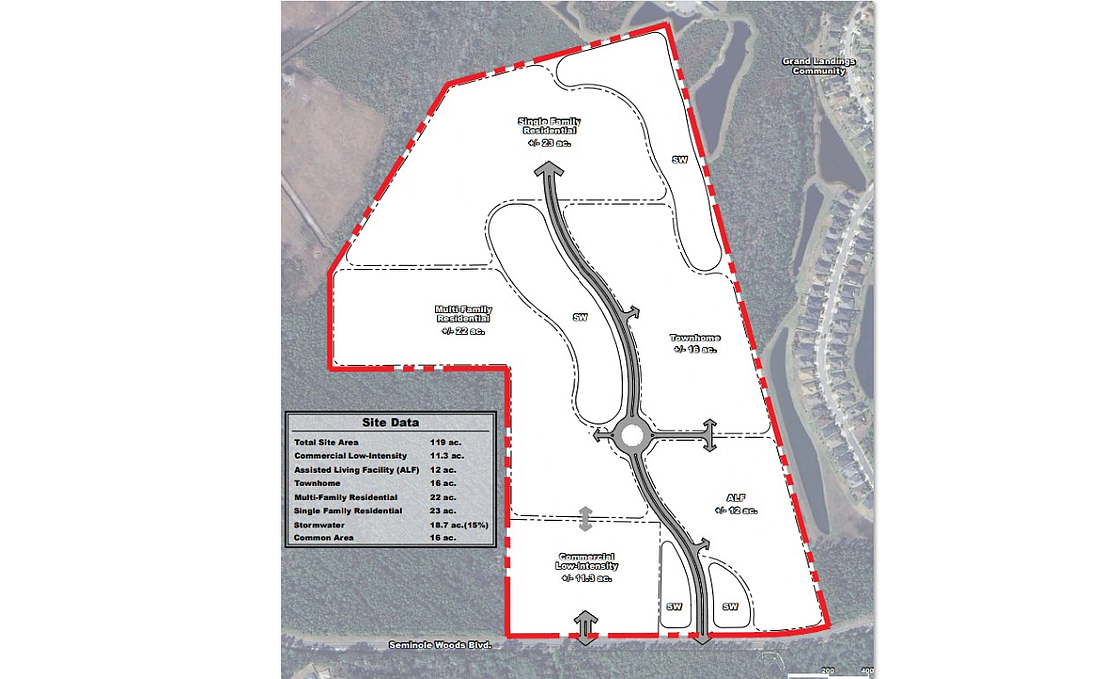 According to the developer's master plan, the proposed development on Seminole Woods would have 12 acres for an assisted living facility and 11.3 acres for commercial space next to Seminole Woods Boulevard. Image from Flagler County planning board documents