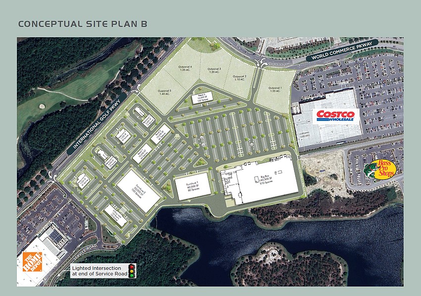A conceptual site plan for Legends Landing shows five outparcels, a 50,000-square-foot and 40,000-square-foot furniture store and a 142,500-square-foot big box store. There are also four restaurant buildings and two 10,00-square-foot retail buildings.