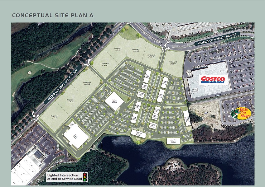 A conceptual site plan for Legends Landing shows eight outparcels, a 50,000-foot-grocery store, a 30,000-square-foot furniture store and 13 restaurant, retail, hotel and office buildings.
