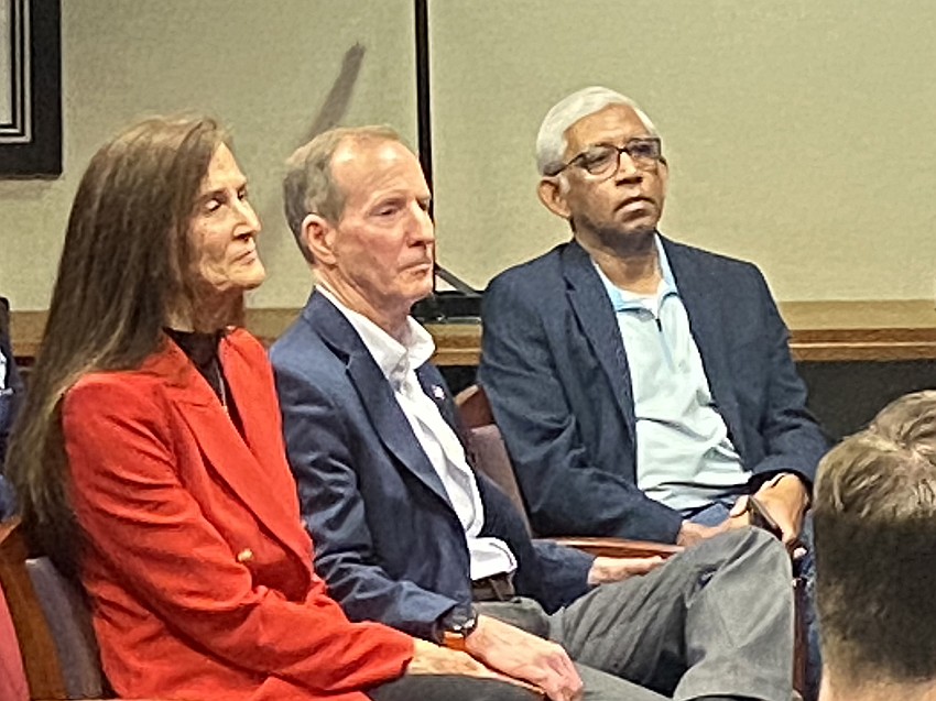 From left, JEA CEO Vicky Cavey, JEA Board Chair Joseph DiSalvo and city Chief of Analytics Parvez Ahmed watch Jacksonville Mayor Donna Deegan at a news conference Feb. 20 about Cavey's leadership.