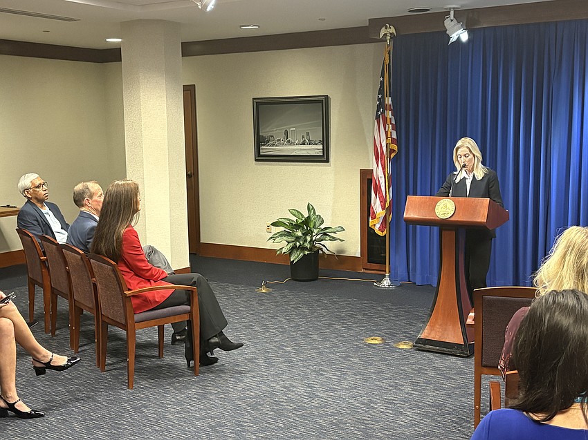 Jacksonville Mayor Donna Deegan speaks at a news conference Feb. 20 about what she called a Jacksonville Mayor Donna Deegan speaks at a news conference Feb. 20 about what she called a