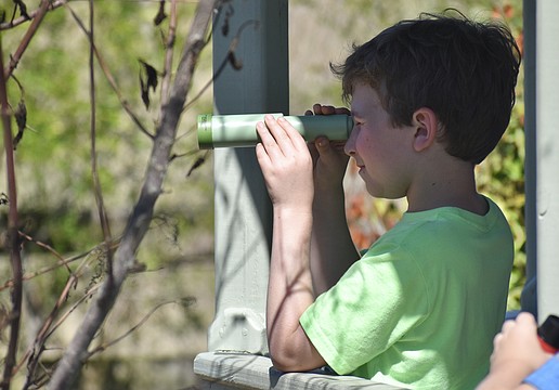 Ryley Hoaglin, 10, looks at birds from the gazebo.