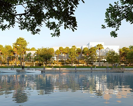 Conceptual rendering by Renzo Piano Building Workshop of the north elevation of a new performing arts center as viewed across the 10th Street boat basin.