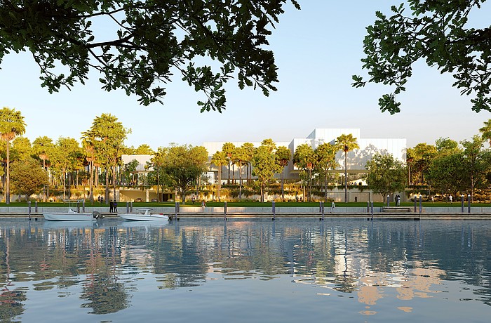 Conceptual rendering by Renzo Piano Building Workshop of the north elevation of a new performing arts center as viewed across the 10th Street boat basin.