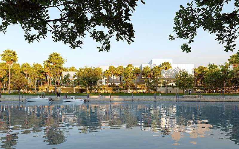 Conceptual rendering by Renzo Piano Building Workshop of the north elevation of a new performing arts center as viewed across the 10th Street boat basin.