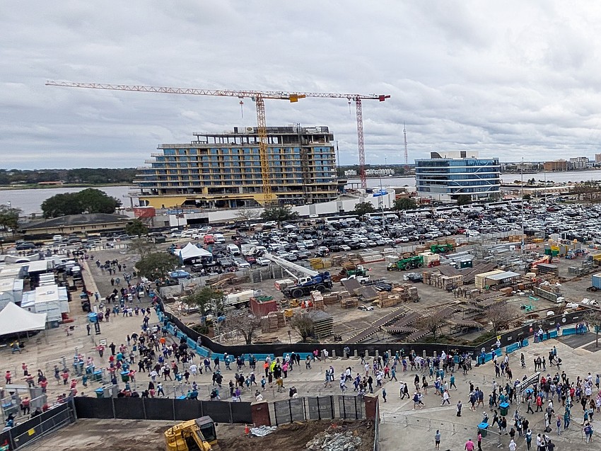 The Four Seasons Hotel and Private Residences, left, and the One Tower Court office building are shown under construction on Jan. 11 in this view from EverBank Stadium. The date was the final game of the 2025 season, when the Buffalo Bills beat the Jacksonville Jaguars in the NFL playoffs.