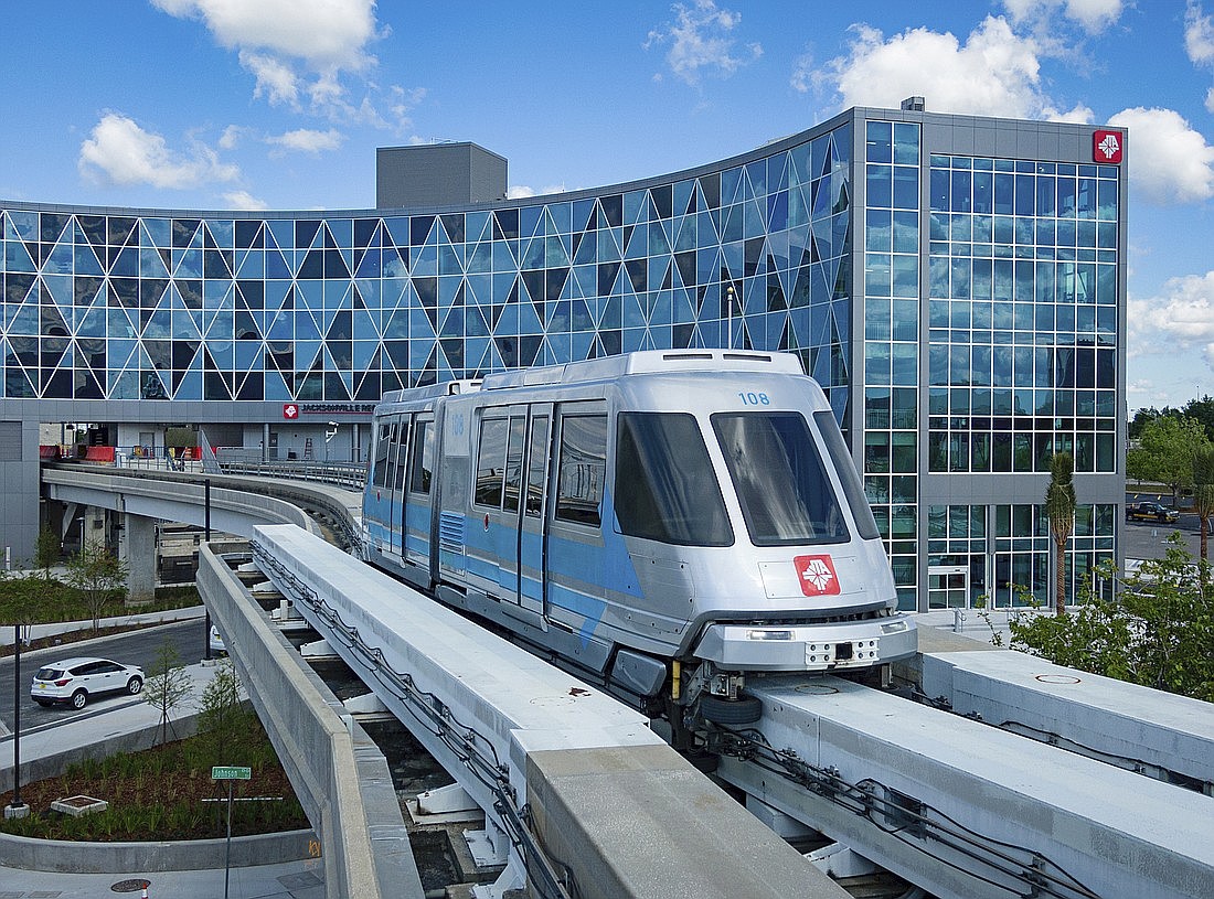 A Skyway monorail train pulls away from the station near the Jacksonville Transportation Authority headquarters in LaVilla.