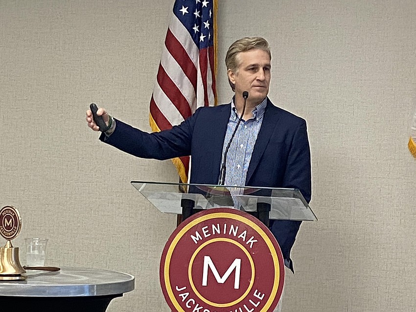 Drew Frick, the Jaguars’ senior vice president of real estate and development, speaks to the Meninak Club of Jacksonville on Feb. 23.