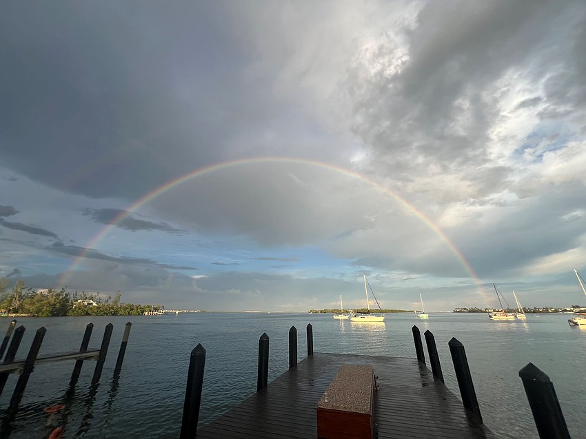 Russ Kruk took this photo of a full rainbow over Sarasota Bay from Shore Restaurant on Longboat Key.