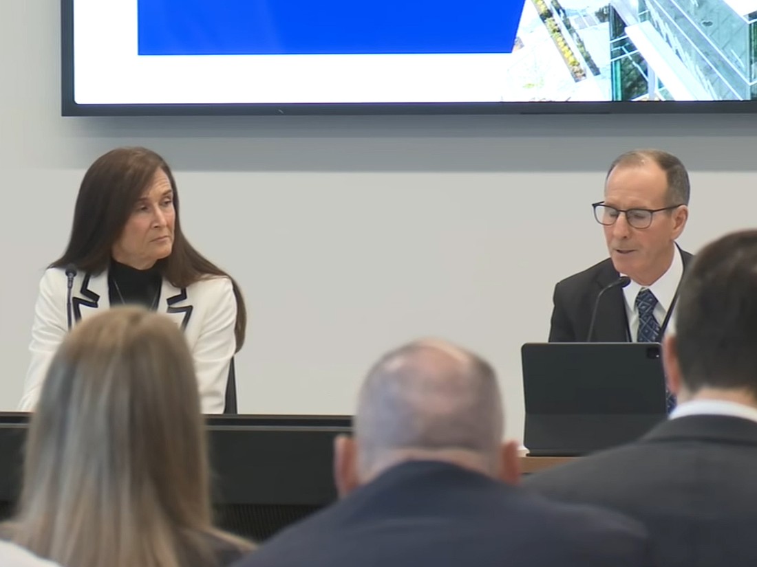 Left, JEA CEO Vickie Cavey and the board chair Joseph DiSalvo at the city-owned utility's board meeting Feb. 24.