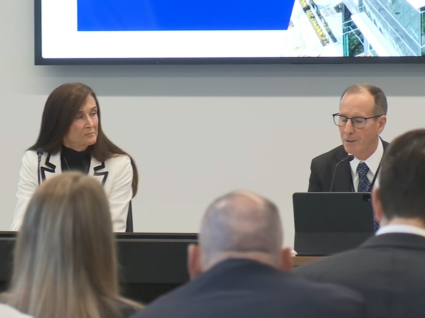 Left, JEA CEO Vickie Cavey and the board chair Joseph DiSalvo at the city-owned utility's board meeting Feb. 24.