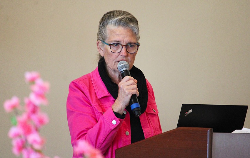 Suellen Kaeb, chair and founding member of Breast Health Sarasota, Inc., thanks attendees at the Feb. 24 Swing for the Cure for being an integral part of supporting cancer patients and survivors in the community.