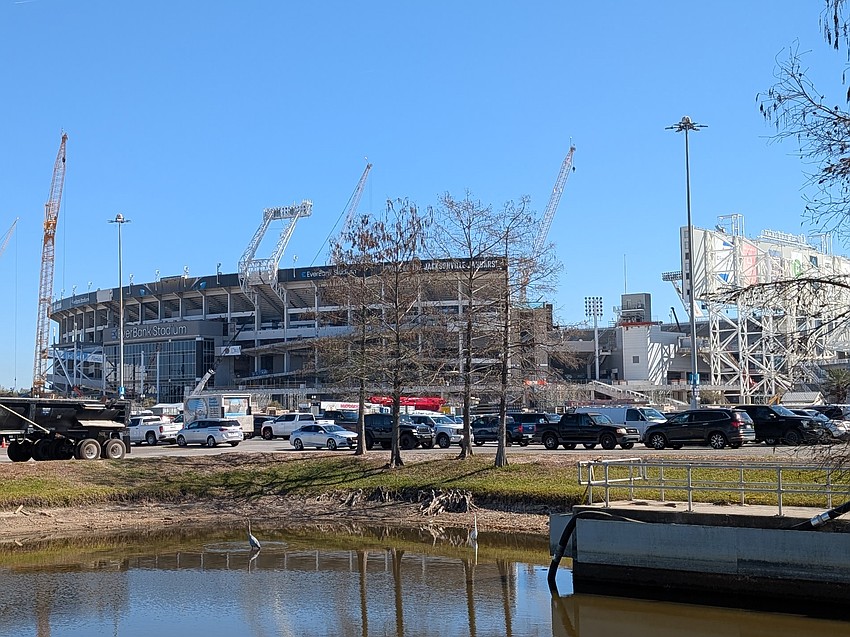 Construction worker vehicles fill parking Lot J at EverBank Stadium on Feb. 24, where work is underway to transform it into the Construction worker vehicles fill parking Lot J at EverBank Stadium on Feb. 24, where work is underway to transform it into the