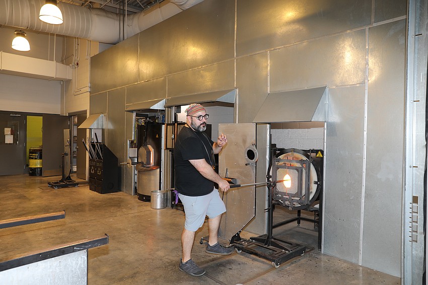 In the glassblowing studio Noah Coleman shows guests how to make amazing vessels and more.