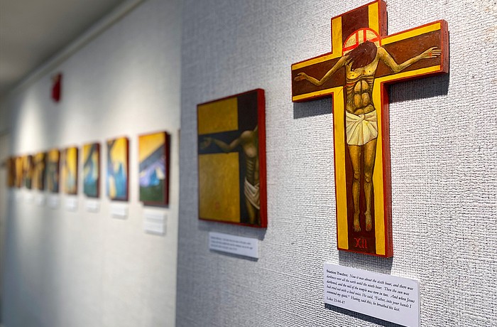 Included in artist Christine Hales' new exhibition at All Angels by the Sea Episcopal Church is a series centering on the crucifixion of Jesus. The display is open to the public through the end of April.