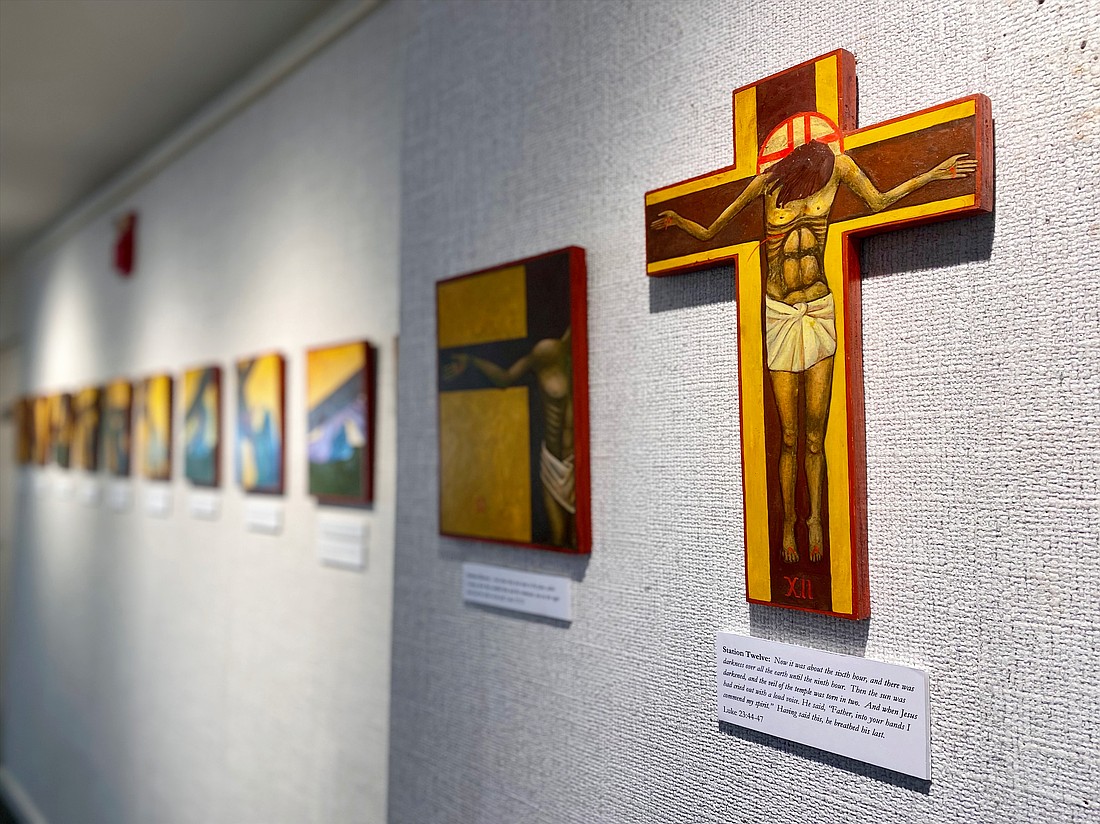 Included in artist Christine Hales' new exhibition at All Angels by the Sea Episcopal Church is a series centering on the crucifixion of Jesus. The display is open to the public through the end of April.