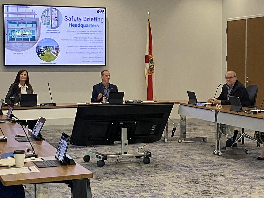 From left, JEA CEO Vickie Cavey, board chair Joe DiSalvo and board member Rick Morales III took part in a board Executive Committee meeting March 2 in which members voted to replace Morales as vice chair with Arthur Adams Jr.