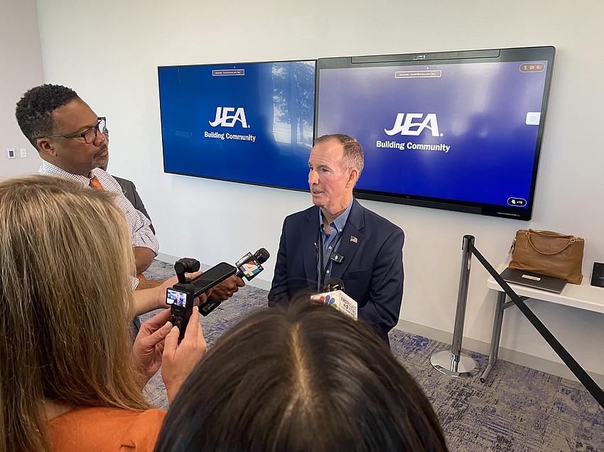 JEA board chair Joe DiSalvo speaks to the media after a March 2 board Executive Committee meeting in which members voted to replace Rick Morales III as vice chair. The matter now goes to a vote by the full board.