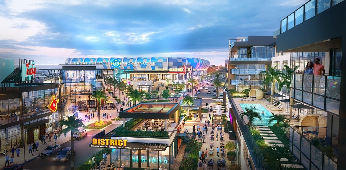 A rendering of Sporting JAX's mixed-use stadium development, which it intends to build on 150 acres of a 364-acre site across Interstate 295 from the University of North Florida.