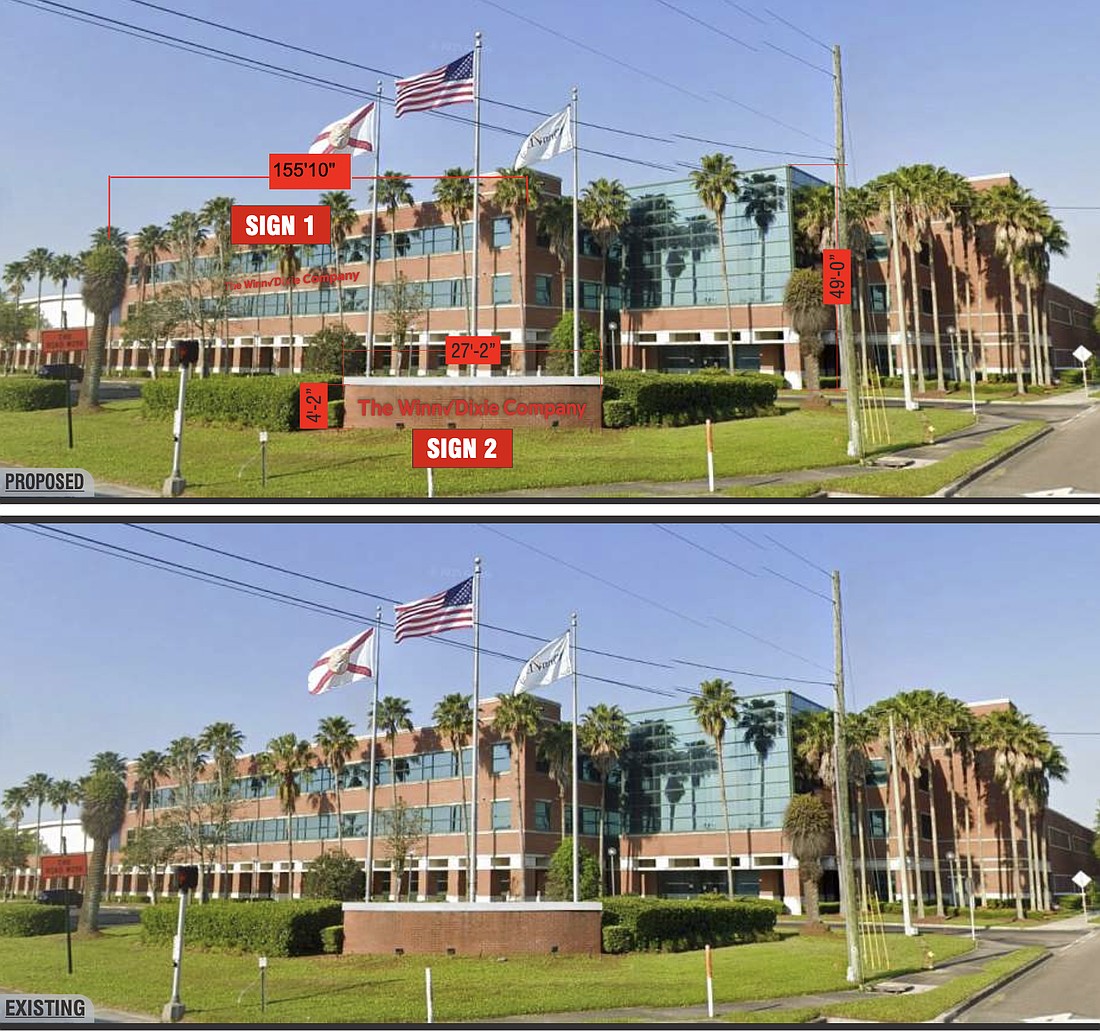 The proposed signage on the front elevation of the building at 5050 Edgewood Court shows where The Winn-Dixie Co. will put its name. The image at bottom is a current view of the building.
