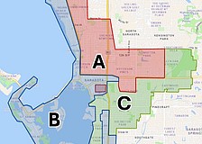 Map shows the three areas of Sarasota's draft traffic calming plan.