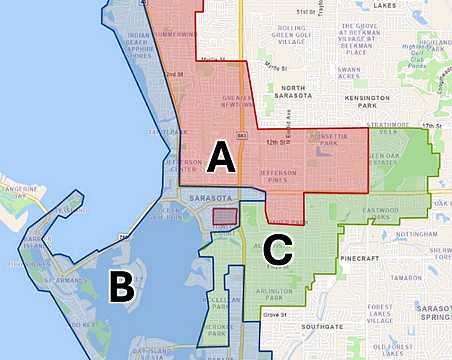 Map shows the three areas of Sarasota's draft traffic calming plan.