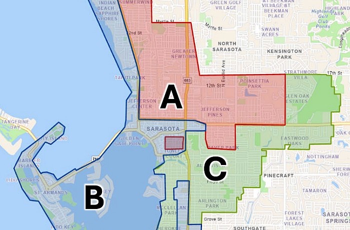 Map shows the three areas of Sarasota's draft traffic calming plan.