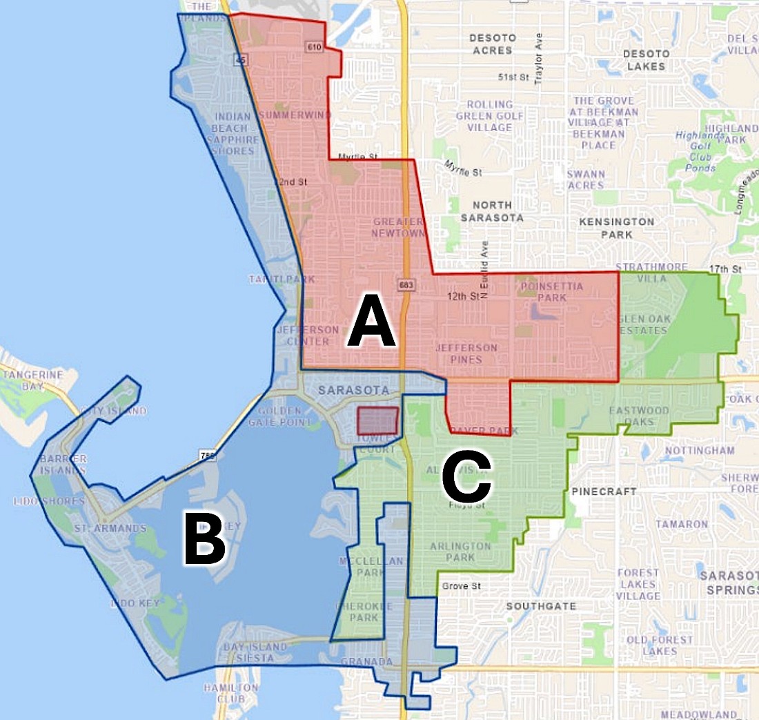 Map shows the three areas of Sarasota's draft traffic calming plan.