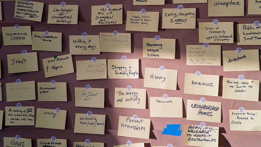 At a St. Armands Visioning Session held at Mote Marine Laboratory’s Keating Marine Education Center Thursday, Feb. 26, participants were asked to write on and place note cards on a vision board. On one side, participants wrote on yellow index cards what their favorite things about St. Armands Circle were, and on the other side the most significant areas for improvement were written on blue note cards.